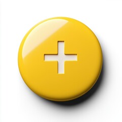 Fototapeta premium A bright yellow button with a raised plus symbol on a white background.