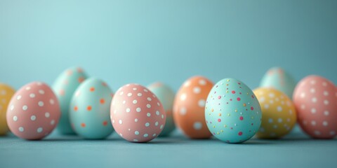 Colorful decorated eggs arranged on a blue background for festive celebrations and holiday traditions