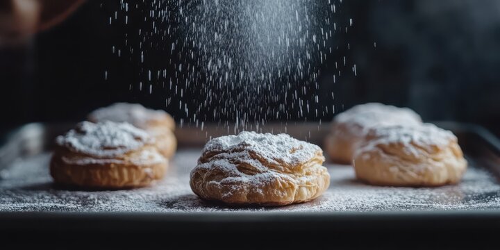 Baker dusting powdered sugar on warm donuts in bakery