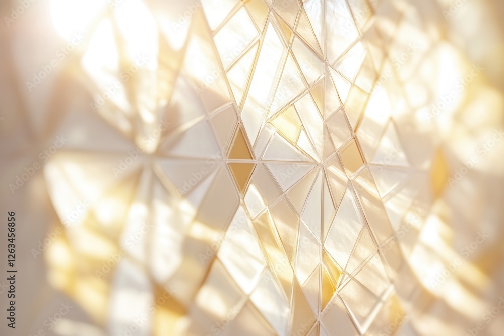 Poster abstract background of gold and beige triangular geometric shapes illuminated by sunlight.