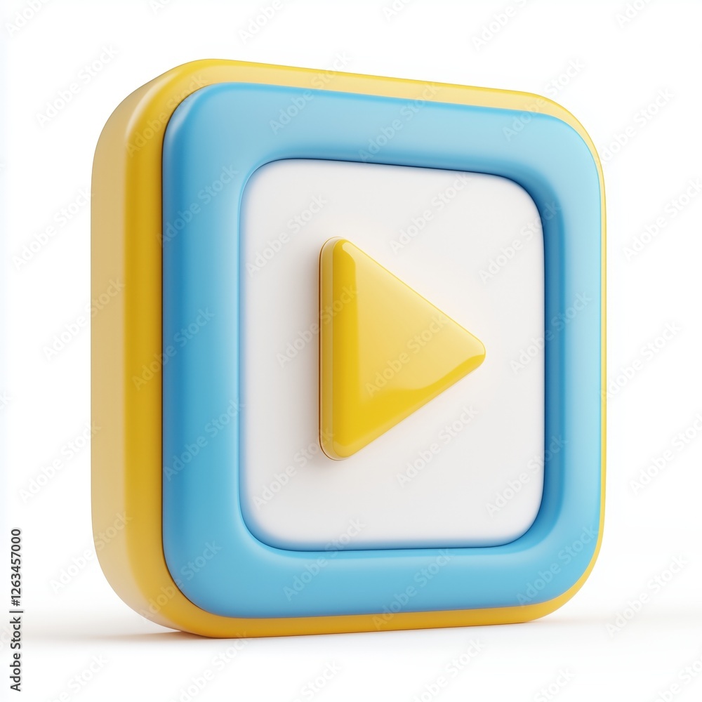Poster 3d icon with a yellow play button set inside blue and white rounded squares.