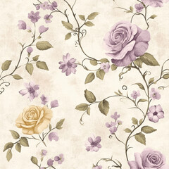 A vintage-inspired floral illustration with hand-drawn roses, daisies, and vines in soft, faded colors of dusty pink, lavender, and cream. The delicate design has an old-fashioned, timeless charm.