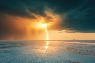 Dramatic sunset over a vast salt flat, with a lightning strike illuminating the stormy sky.