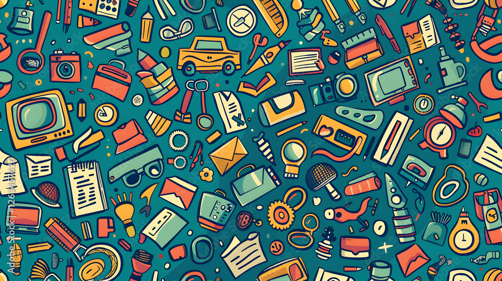 Poster colorful flat lay of various everyday objects and items scattered on a blue background