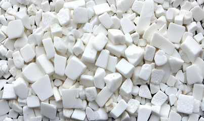 Obraz premium Close-Up View of A Variety of White Sugar Cubes and Cuboids Arranged Randomly on a Surface, Ideal for Illustrating Sweetness and Culinary Themes
