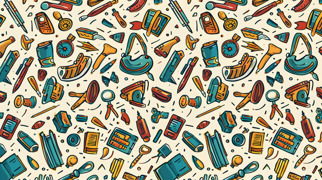 Colorful seamless pattern featuring various tools and equipment on a light background