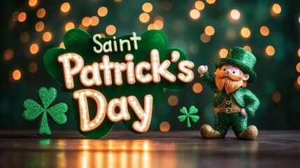 Fototapeta premium Banner with neon bold text Saint Patrick's Day, cheerful leprechaun and shamrocks on a bright green and gold background