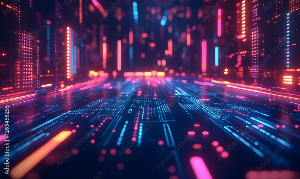 Poster abstract digital circuit board with glowing red and blue lines and dots simulating data flow