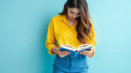 beautiful young woman wearing yellow shirt blue pants, standing, reading book isolated on light blue background