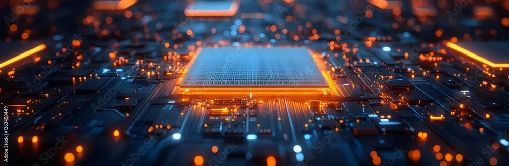 Poster close-up of illuminated circuit board with central processor. (2)