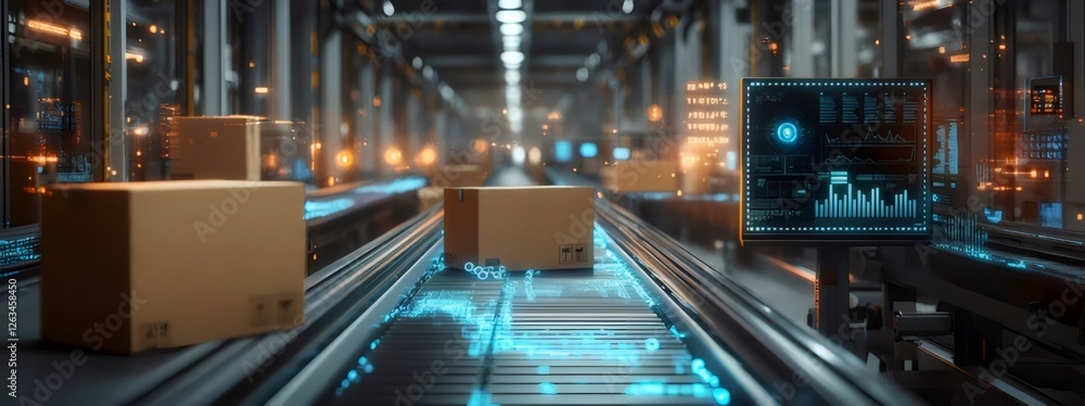 Poster cardboard boxes move on a futuristic conveyor belt with a digital display showing data.