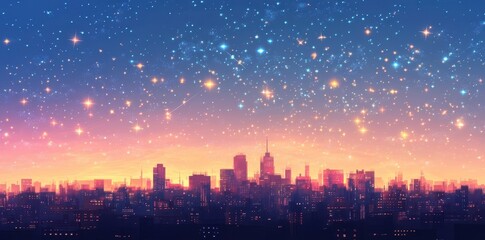 Animated cityscape silhouette under a gradient starry night sky