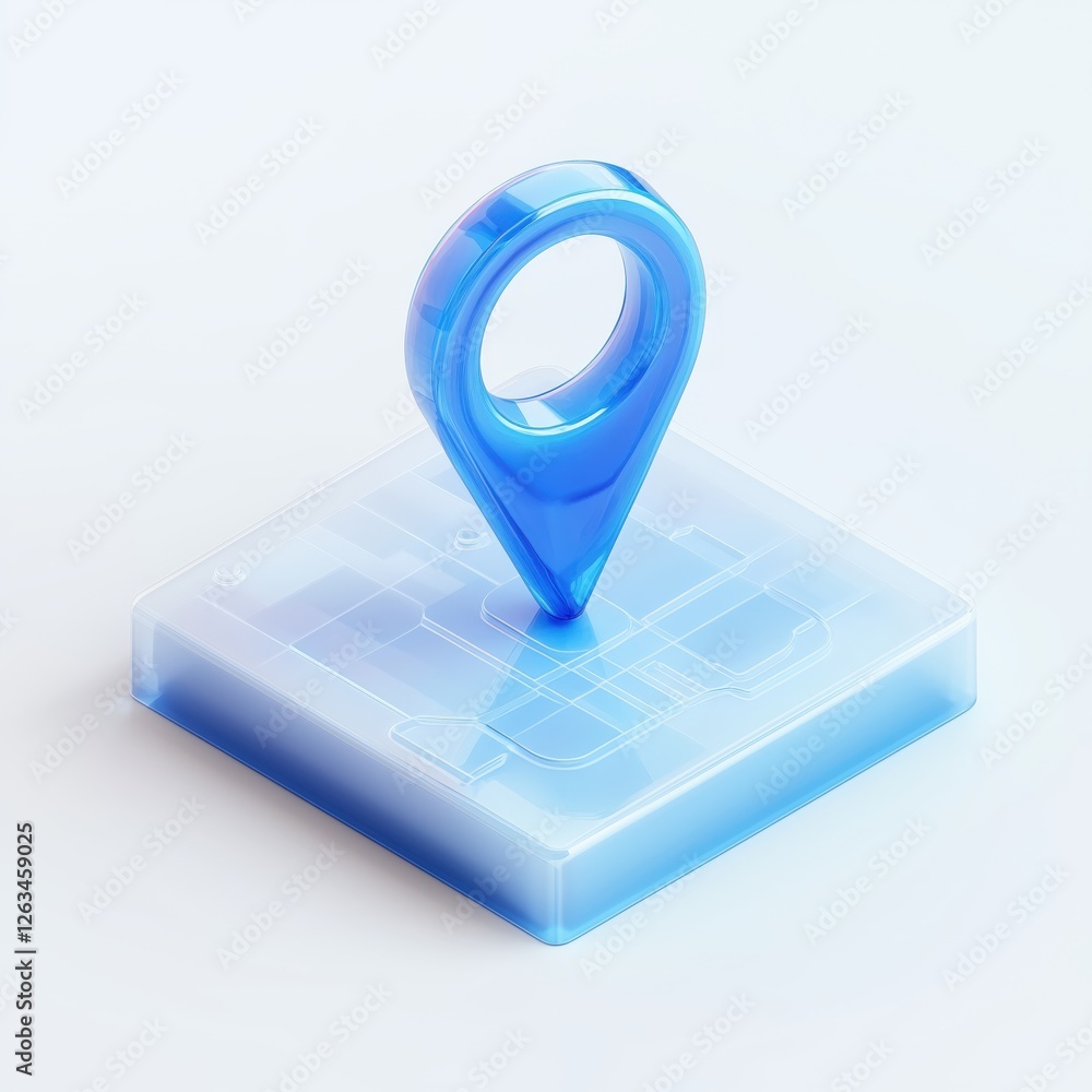 Poster 3d blue map pin icon on a translucent square base symbolizing navigation technology.