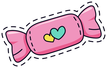 Vibrant illustration of a pink candy wrapped with colorful heart designs. The candy features a whimsical style, outlined with dashed lines, perfect for playful designs and creative projects