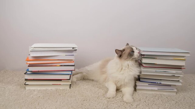 Cute ragdoll cat and books in stacks on white carpet.