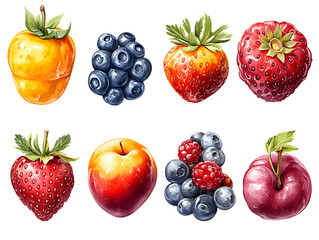 Composition of Assorted Berries and Fruits Arranged Artistically on a White Background Showcasing Vibrant Colors and Textures