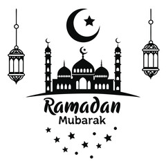 Black Mosque Silhouette with Crescent Moon and Ramadan Mubarak Text