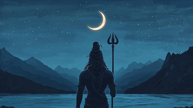 Divine night scene featuring lord shiva under the crescent moon serene landscape gigapixel quality