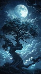 Twisted tree stands majestically beneath a glowing full moon