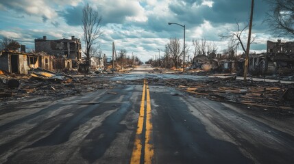 Burned City Street with No Life: A powerful generative artwork depicting urban decay and abandonment with raw, dramatic intensity.