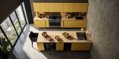 Modern Yellow Kitchen Island Design With City View