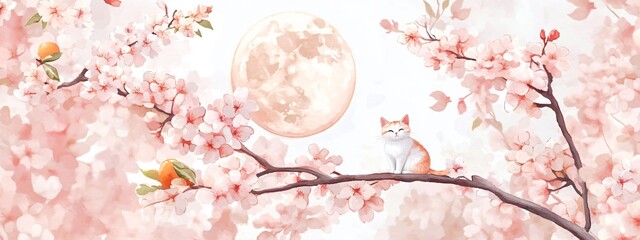 Pink cherry blossom branches with cat and moon on white background. Japanese sakura with copy space. Spring card for Hanami festival, Lunar New Year, Asian Moon fest