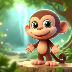 Fototapeta premium Cheerful animated monkey character in a vibrant forest setting, showcasing a playful personality.