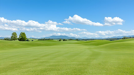 Obraz premium Rolling green golf course, sunny sky, mountain background; ideal for travel brochures
