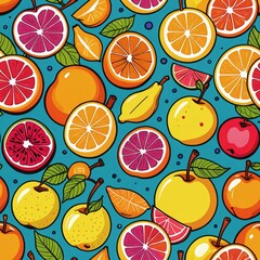 Seamless pattern of oranges, grapefruits, and apples on blue, vibrant fruit background.