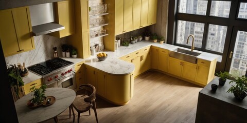 Modern Yellow Kitchen With Marble Countertops And City View