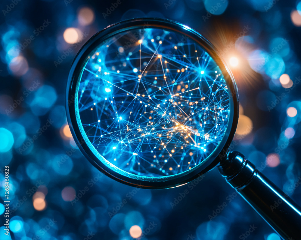 Poster magnifying glass focused on abstract glowing network connections, symbolizing technology, data analy