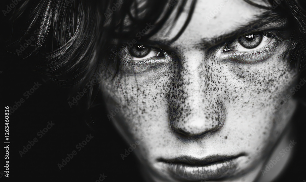 Poster exploring intense expressions: a striking black and white portrait capturing the depth and character