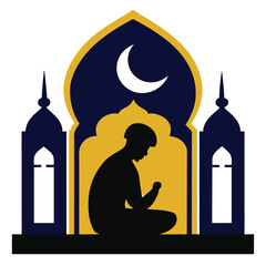 Man Praying Inside Mosque with Glowing Crescent Moon Silhouette