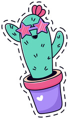 Vibrant cartoon cactus in a purple pot, adorned with playful star shaped sunglasses and a heart detail. The whimsical design features bold colors and a cheerful, fun loving expression