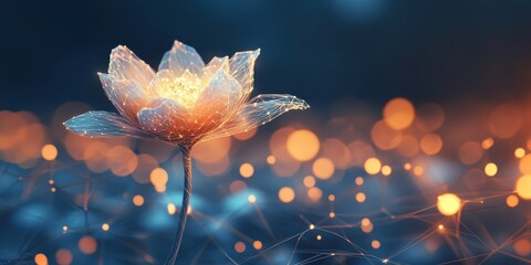 Glowing flower made of connected lines on bokeh background