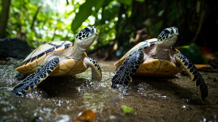 Obraz premium Turtles Adventuring Through a Vibrant Rainforest Stream