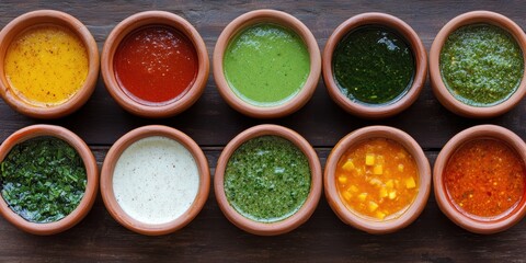 cuisine buffet options, an aerial shot of a vibrant salsa bar showcasing an assortment of homemade salsas