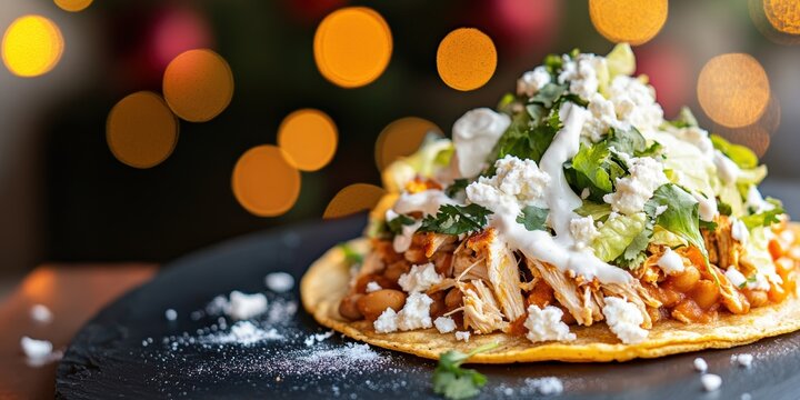 mexican tostada dish, close-up shot of a tostada de pollo with shredded chicken, refried beans, lettuce, crema, and crumbled queso fresco, against a festive background