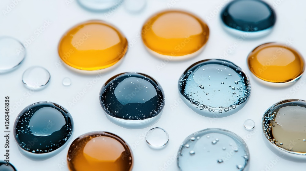 Poster close-up of multicolored liquid bubbles on a smooth surface, capturing light reflection and clarity.