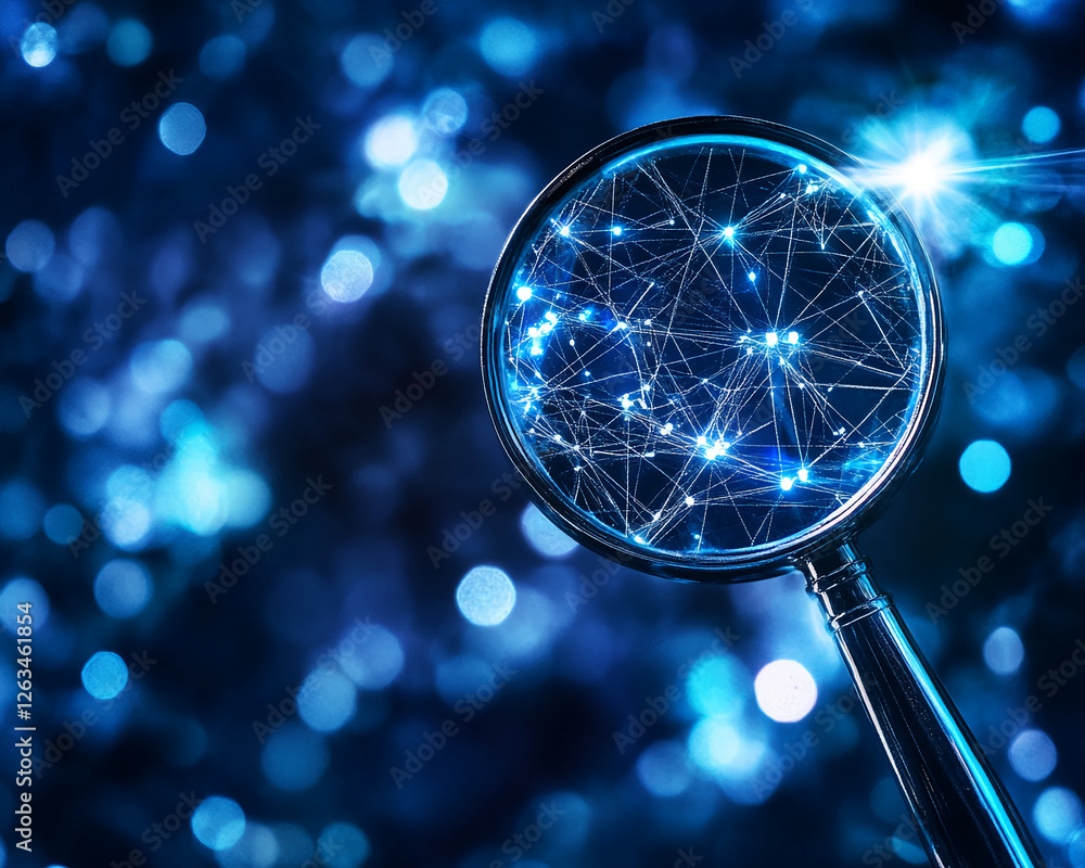 Poster Magnifying glass focusing on glowing digital network lines, symbolizing the concept of data analysis, connectivity, and exploration of complex virtual systems in a futuristic environment.