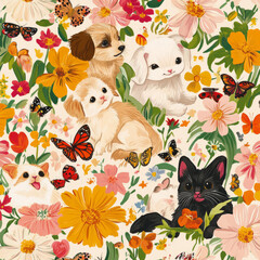 A joyful pet illustration with puppies, kittens, and guinea pigs playing in a field of flowers. The animals are surrounded by butterflies and ladybugs, with bright, sunny colors like yellow, orange,