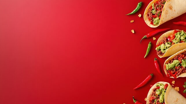 mexican fiesta postcard, mexican fiesta themed postcard template featuring tacos, guacamole, and chili peppers with space for a celebratory message