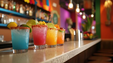 mexican cocktail bar, lively colorful drinks with lime, chili salt, and fresh fruit, set amidst festive Mexican decor