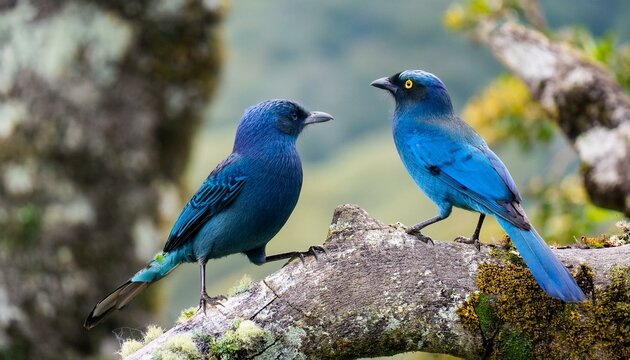 pajaros azulejos de las monta&ntilde;as macho y hembra sobre un arbol mirando el bosque