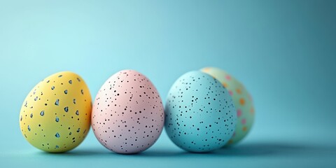 Colorful decorative eggs displayed against a bright blue background during the Easter holiday season