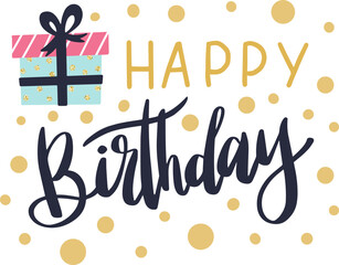 Stylish happy birthday lettering adorned with a gift box and shimmering golden confetti, creating a vibrant greeting card perfect for joyful birthday celebrations and festive gatherings