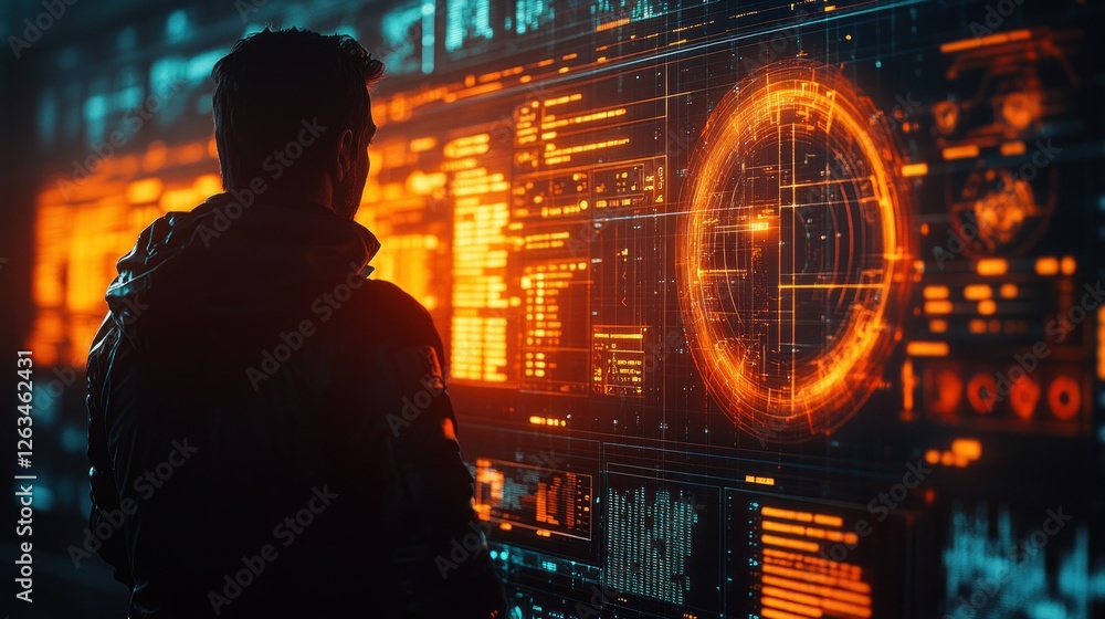 Poster man observing futuristic holographic displays in a command center