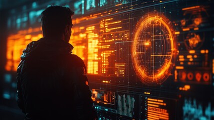 Man observing futuristic holographic displays in a command center
