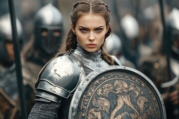 A female knight in silver armor holding a shield and sword, standing strong before an army