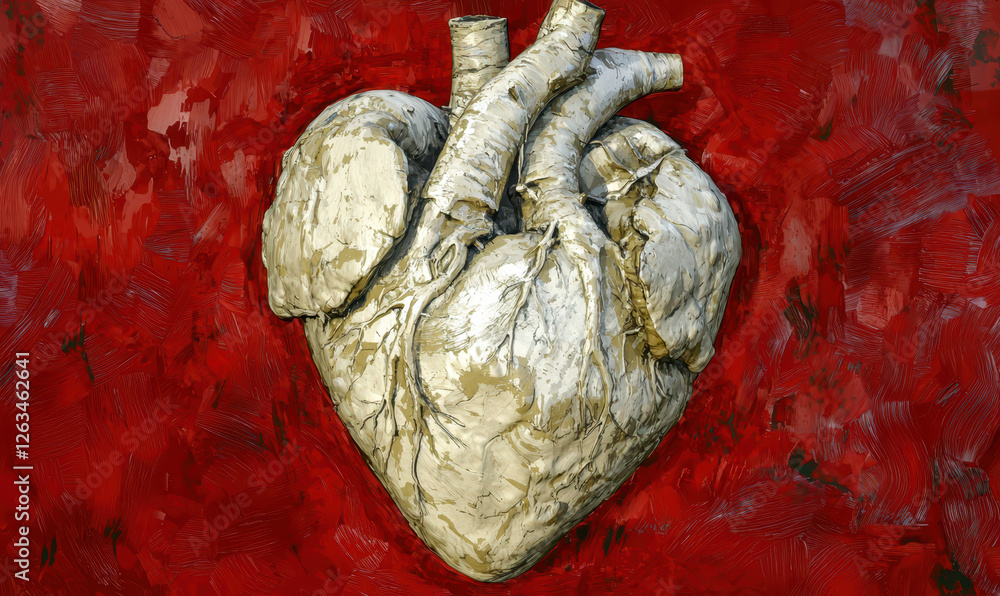 Poster an artistic representation of a heart symbolizing emotion and connection against a vibrant red backg